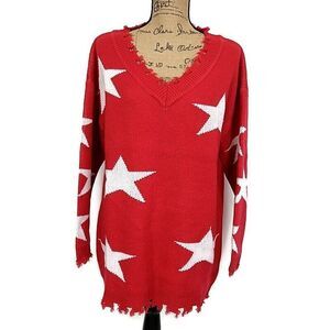 NWT Macaron Womens sz S Sweater Red Star Print V Neck Long Sleeve Frayed Hem